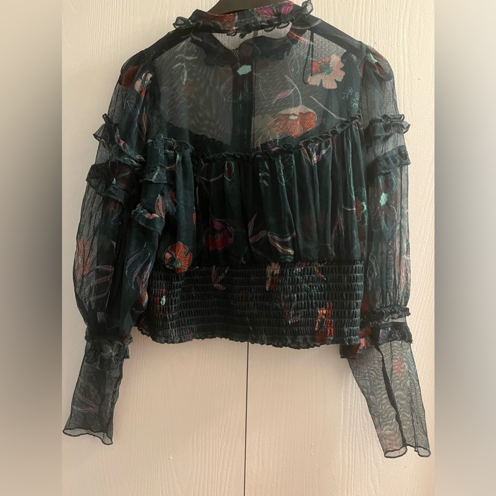 Free People Time For Shine Mesh Floral Smocked Blouse L - Picture 3 of 6
